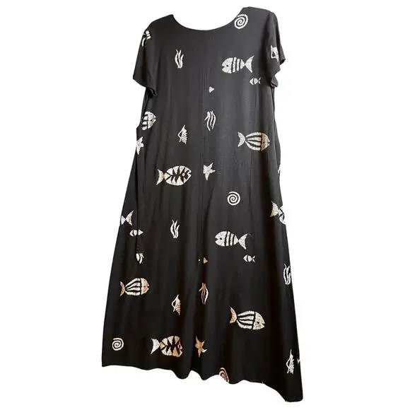 Vtg Connie Choi 90’s Tropical TieBack Maxi Dress Fish Beach Retro‎ Artsy Sz L - Picture 4 of 12